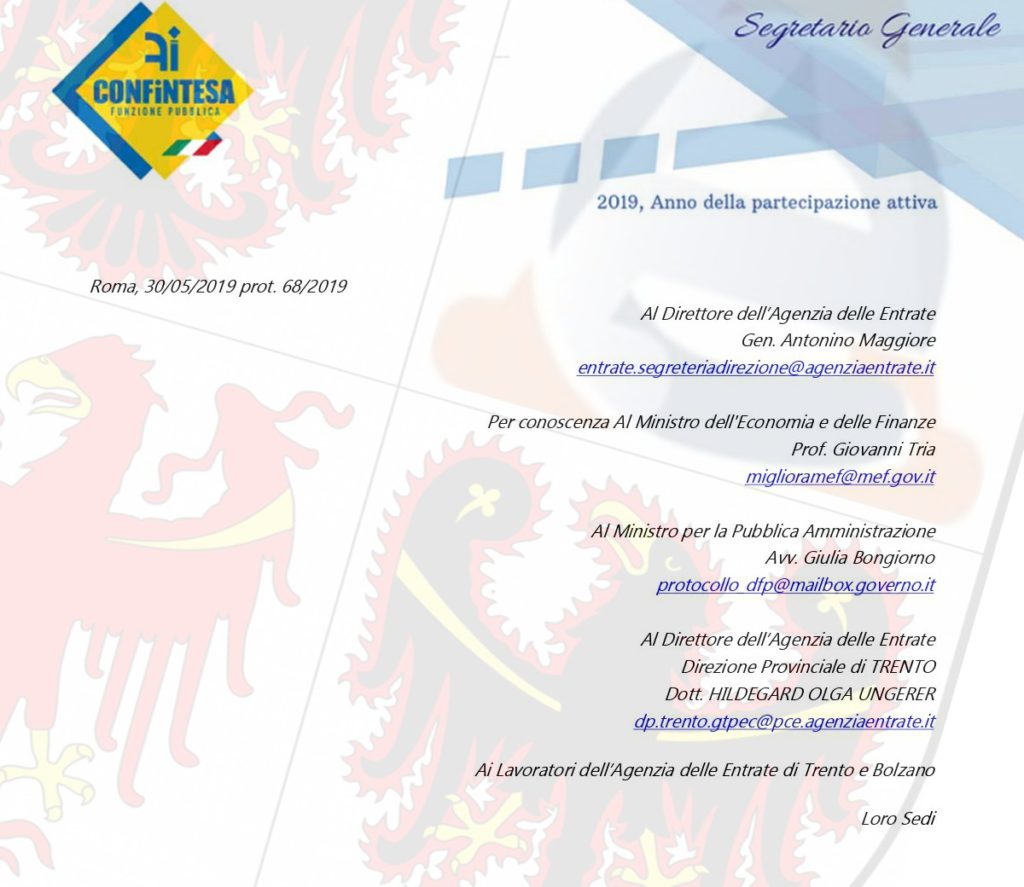 Le sorti dei lavoratori dell’Agenzia delle Entrate della Regione Trentino-Alto Adige/Südtirol.